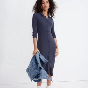 EUC Madewell Dark Blue Gray Button Down Shirt Midi Dress Stretchy Snug Fit
